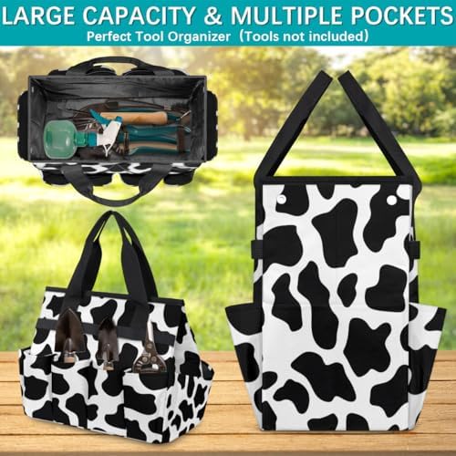 Black White Garden Tool Bag Organizer Heavy Duty Fun Cow Print Farm Animal Gardening Tote Bag with 10 Pockets for Women Men Gardening Gifts - Image 4