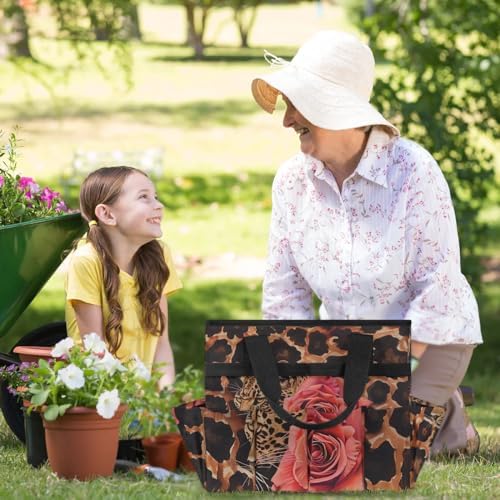 Leopard Rose Garden Tool Bag, Garden Tote Storage Bag with 10 Pockets, Indoor and Outdoor Leopard Print Gardening Tool Organizer for Women Men - Image 6