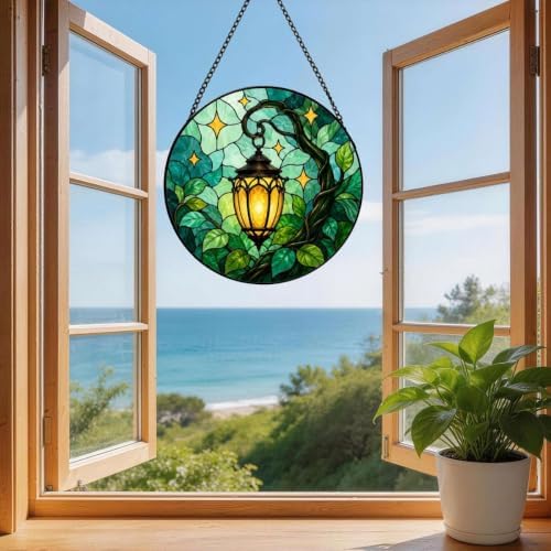 Stained Glass Suncatcher Glowing Lantern Art Window Hanging, Botanical Leaf Garden Decor for Home, Unique Birthday Gift for Mom, Wife, Her, Nature Wall Accents (Mixed,11.8×11.8 in) - Image 3