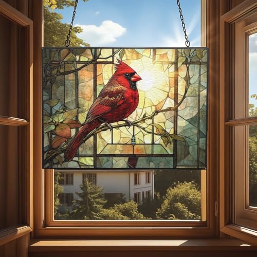 Vintage Cardinal On Branch Stained Glass Window Hanging, Colorful Sun Catchers Glass Panel Rectangle Suncatcher Decor for Birthday for Women, Men, Wife, Aunt, and Mom 15"x11" - Image 4