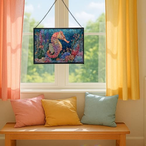 Glowing Coral Garden with Tiny Seahorse Rectangular Stained Glass Suncatcher – Hanging Window Panel with Animal & Nature Scene – Vibrant Glass Art Gift for Wildlife, Fantasy, Nature Lovers zHBtGp - Image 5