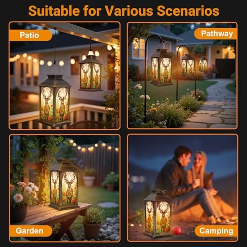 Solar Lantern Outdoor Garden Hanging Lantern Majestic Deer Large Antlers Ornate Vibrant Floral Forest Waterproof Solar Powered Lighting Outside Table Lamp for Patio Deck Yard Camping - Image 5