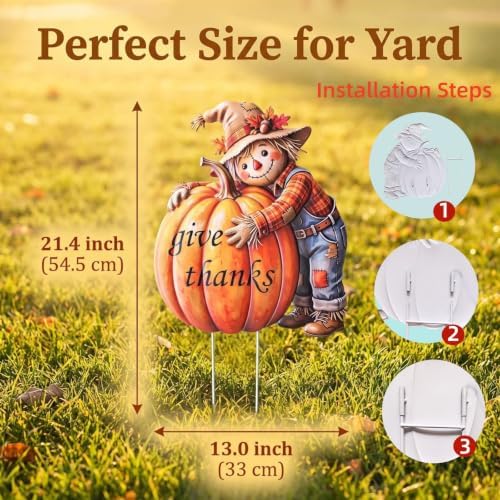 Metal Thanksgiving Garden Stake, Fall Harvest Scarecrow with Pumpkin Yard Sign, Give Thanks Outdoor Lawn Patio Decor, (21.4 * 13 * 0.6in) - Image 3