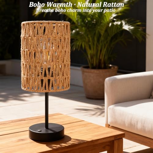 Rechargeable Outdoor Table Lamps, Rattan Boho Cordless Battery Operated Table Lamps, Patio Lamp for Living Room, Balcony, Bedside Decor- Set of 2 (Beige) - Image 7