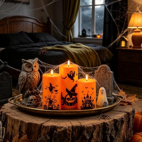 kakoya 5 Pack Halloween Flameless LED Pillar Candles, Orange Plastic Battery Operated Candles with 2 Remote Timer, Castle Pumpkin Witch Pattern for Halloween Spooky Decor - Image 6