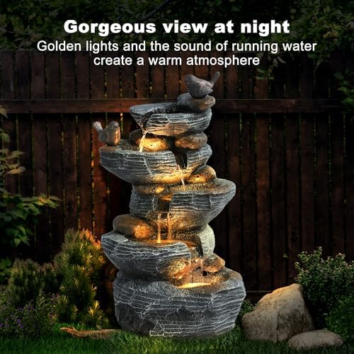 Outdoor Garden Water Fountain, 5 Tiers Cascading Rock Water Fountain, 26.4" H Waterfalls Resin Fountain with 4 LED Lights and Dicky Bird, Natural Modern Art Decor for Indoor and Patio Porch - Image 5