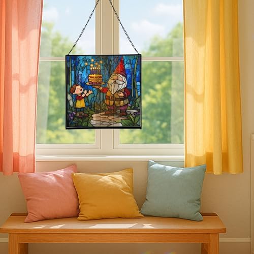 Gnome with Birthday Cake Stained Glass Suncatcher – Square Hanging Window Panel for Home, Garden, Nursery, Halloween, Christmas, Memorial Day – Whimsical Glass Art Gift for Gnome Lovers ttxab9 - Image 5