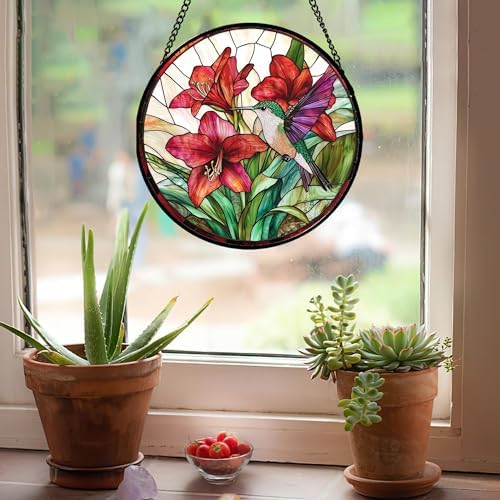 Red Flower Hummingbird Stained Glass Window Hanging Gifts for Women 9.8" - Image 4