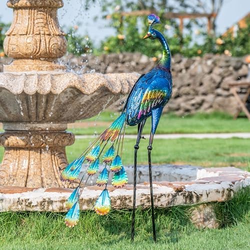 TERESA'S COLLECTIONS Outdoor Decor Peacock Yard Art Garden Sculptures & Statues for Porch Decor,35'' Blue Large Metal Bird Garden Decor for Outside, Yard Decorations Outdoor for Patio,Gifts for Mom - Image 2