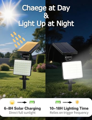 Solar Spotlights Micro-wave Motion Sensor, Outdoor Flood Lights Waterproof with 62pcs Bright LEDs, Landscape Solar Powered Motion Spot Light Dusk-to-Dawn for Garden, Yard, Ground, Wall (White, 2pcs) - Image 3