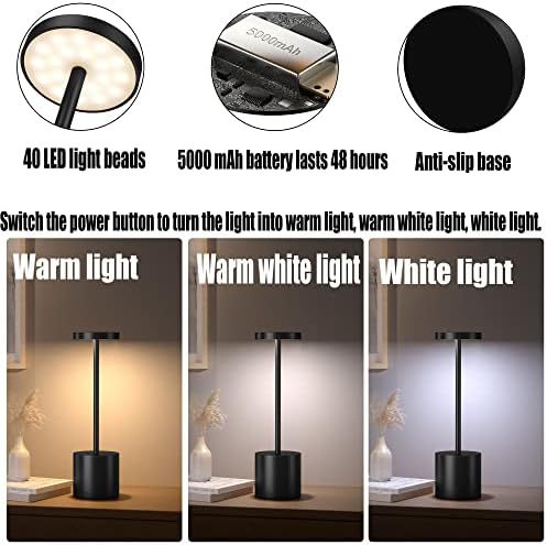 2Pack Cordless Table Lamp, Rechargeable LED Battery 5000mAh Metal USB Portable Powered Desk Lamp, 3 Levels Brightness Light for Restaurants Outdoor (2pack 10.25in Black) - Image 3