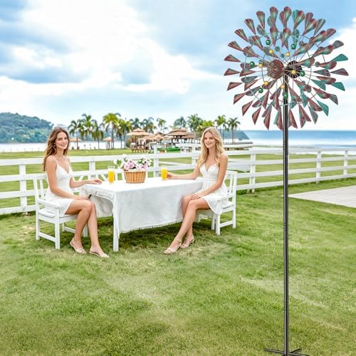 Wind Spinner Kinetic Wind Sculpture, 24.3"W x 79.3"H Large Metal Outdoor Windmill with 5‑Prong Stable Base, 360° Wind Catcher, Eye‑Catching Yard Art Decor for Patio Lawn Garden Backyard (Retro Green) - Image 6