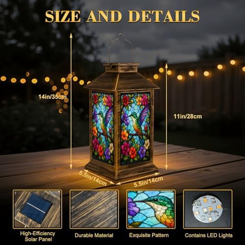 Solar Lantern Colorful Stained Glass Artwork Hummingbirds Garden Hanging Lantern Waterproof Solar Powered Lighting Outdoor Table Lamp for Patio Yard Memorial Gifts Grave Decorations for Cemetery - Image 5