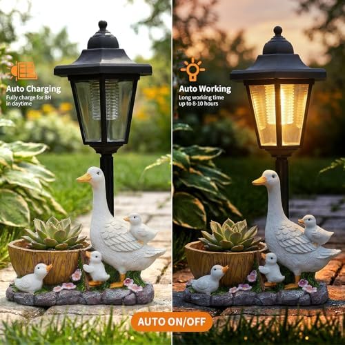 Solar Duck Garden Statues Outdoor Decor with Planter Pot, Upgraded 3 Solar Panels Lantern Animal Figurines, Waterproof Hand-Painted Resin Sculpture for Patio Yard Lawn Decorations, Gardening Gifts - Image 5