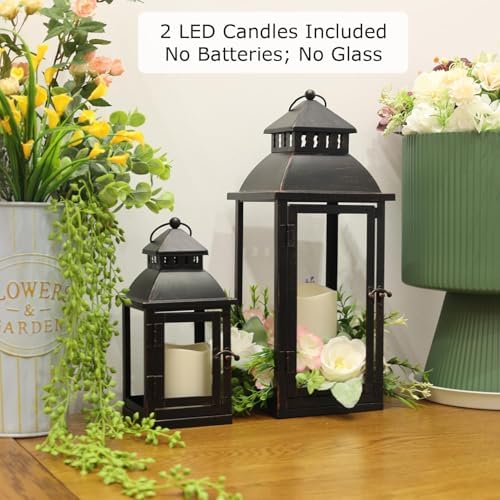LED Lanterns Decorative Outdoor&Indoor, Set of 2 (17’’&11’’) Large Black Metal Lantern Decor with bronze brush, Candle Holder for Porch, Patio, Garden, Balcony, Wedding Decorations (No Glass) - Image 2