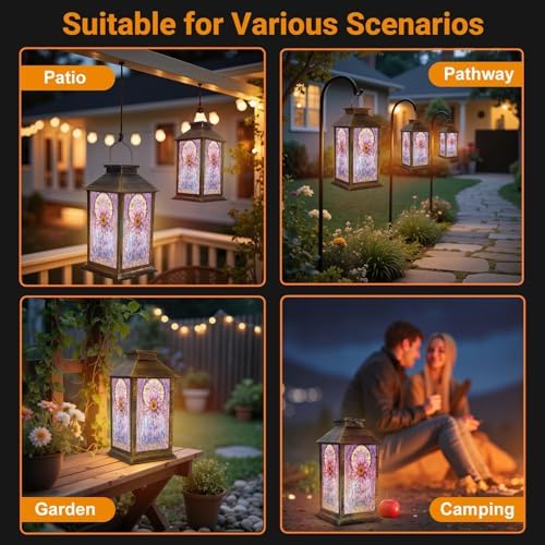 Stained Glass Style Solar Lantern Outdoor Garden Hanging Lantern Stunning Sunflower Stained Glass Art Pastel Mosaic Border Waterproof Solar Powered Lighting Outside Table Lamp for Patio Deck Yard - Image 5