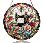 Stained Glass Window Hanging Vintage Sewing Machine with Roses Sun Catchers Floral Art Suncatchers for Home Porch Garden Indoor & Outdoor Decor (9.8x9.8 in) by Unknown