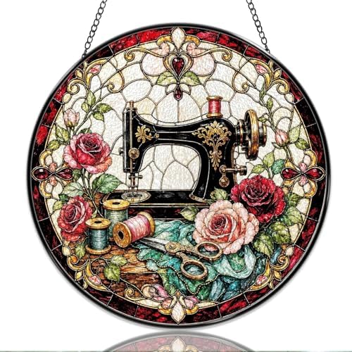 9.84 Inch Stained Glass Window Hanging Vintage Sewing Machine with Roses Sun Catchers Floral Art Suncatchers for Home Porch Garden Indoor & Outdoor Decor by Unknown