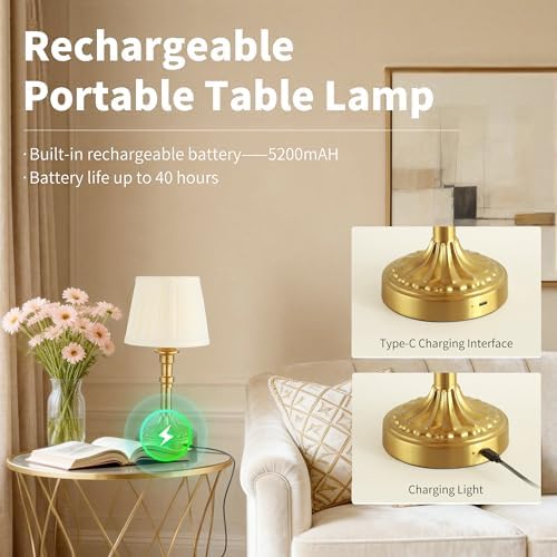 Mr.White Rechargeable Cordless Table Lamp with Fabric Shade, 5200mAh Battery Operated LED Table Light, for Restaurant Kitchen Patio Dinner Dining (Bronze) - Image 4