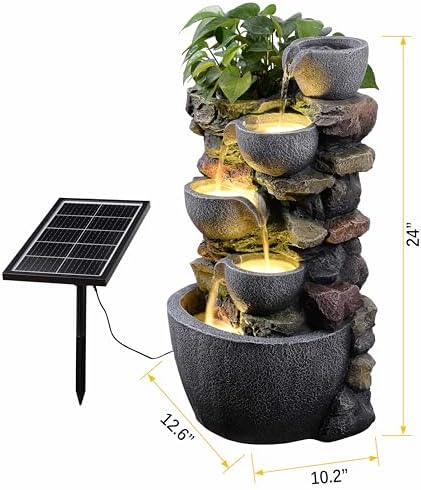 24'' Stacked Rock Solar Powered Water Fountain, Outdoor DIY Planter Pot Waterfall Fountain with LED Lights, Water Feature Landscape Decor for Garden, Patio, Backyard, Home Decoration - Image 2