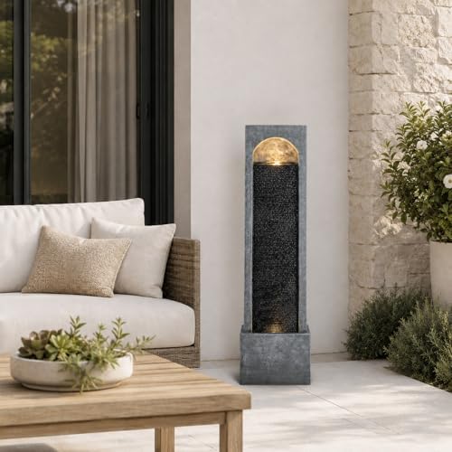 Outdoor Water Fountain, 39.37" Tall Resin Waterfall Fountain with LED Lights, Freestanding Modern Water Wall Fountain with Built-in Pump, Gray Stone-Look Patio Fountain for Garden, Porch, Backyard - Image 2