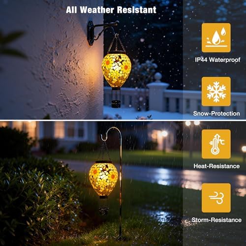 SAVENNA Mosaic Glass Hot Air Balloon Solar Lantern, Flickering Flame Effect Hanging Solar Light, Warm Yellow Sunflower Glow for Garden Patio Yard Outdoor Decor - Image 6
