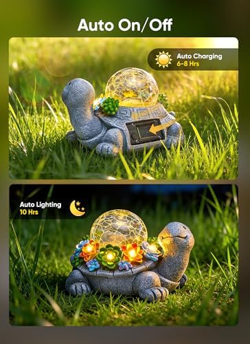 Brightown-Solar-Turtle-Garden-Decor-Statue with 5 Succulent LED Lights, Hand-Painted Resin, IP65 Waterproof Outdoor Decor for Patio, Balcony & Yard Decorations, Unique Mothers Day Gifts for Mom - Image 4