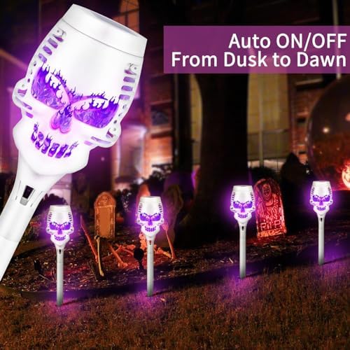 Solar Torch Skull Light 4pcs Flickering Flame IP65 Halloween Decor Outdoor Garden Party Decoration ABS Purple White 50cm - Image 3