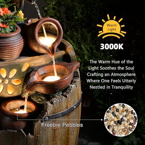 Water Fountain Outdoor 29" H Outside Floor 3 Tiered Rustic Barrel with Light, Pump for Garden, Patio, Deck, Porch, Backyard Home Decor - Image 4