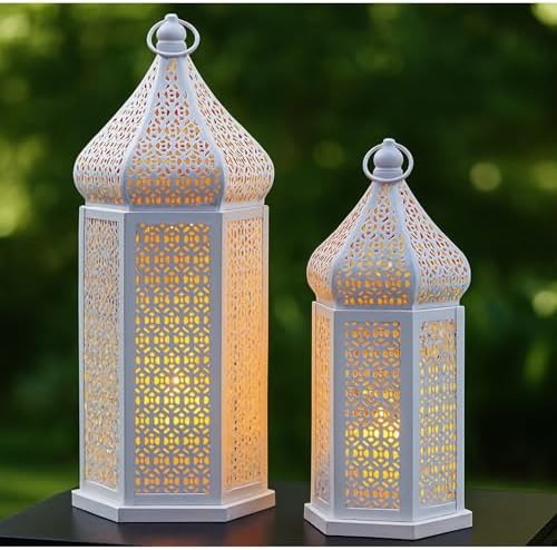 VELA LANTERNS Large Temple Tower Moroccan Lantern Lamp Decorative Candle Holders for Ramadan Decorations, Hanging, Outdoor Patio or Porch, Indoor Home Decor, Weddings, White, Set of 2 by VelaCandleLanterns
