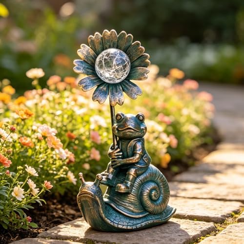 Solar Powered Frog on Snail Sculpture with Iron Flower & Glass Ball, Outdoor Garden Accent - Image 2