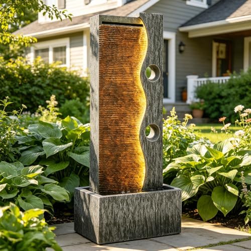 AUTODAYA 39" Zen Faux Slate Outdoor Fountain LED Cascading Waterfall - Image 3
