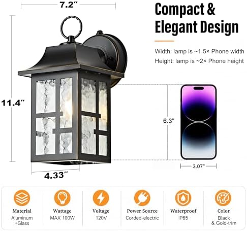 OKELI 2-Pack Dusk to Dawn Exterior Lighting Fixture, Farmhouse Outdoor Wall Lights with Ripple Glass, Aluminum Porch Light Wall Mount, Anti-Rust Outside Wall Sconce for House, Garage(Black&Gold-Trim) - Image 3