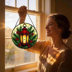 Stained Glass Suncatcher Christmas Lantern Window Hanging, Holiday Home Decor with Red Berries and Pine, Unique Gift for Mom, Wife, Her, Winter Garden Wall Art (Mixed,11.8×11.8 in) - Image 6