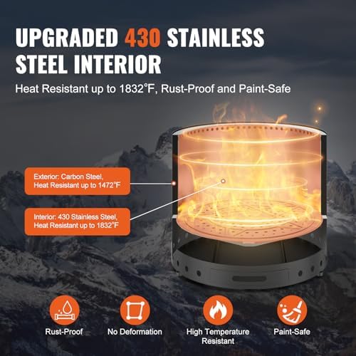 VEVOR Smokeless Fire Pit Stove Bonfire, H: 17 in x Dia: 28 in,Wood Burning Fireplaces with Removable Ash Pan, SUS430 Stainless Steel Inner Portable Outdoor Firepit,for Outdoor Patio Camping, Black - Image 3