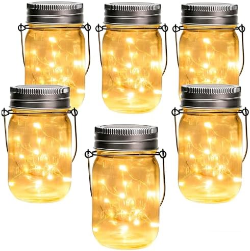 Outdoor Solar Powered Mason Jar Lights with 30 Mini Warm White LEDs 6 Pack by CANDLE+CHOICE