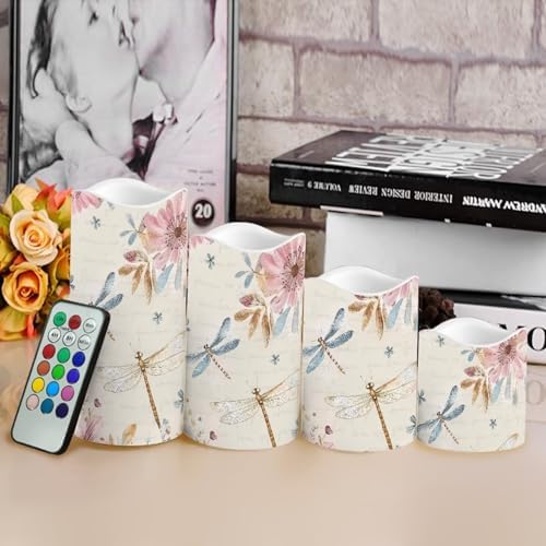 Dragonfly Pink Floral Flameless Candles with Remote Timer Battery Powered LED Candles Color Changing Pillar Electric Fake Candles Bulk for Indoor Set of 4 - Image 4
