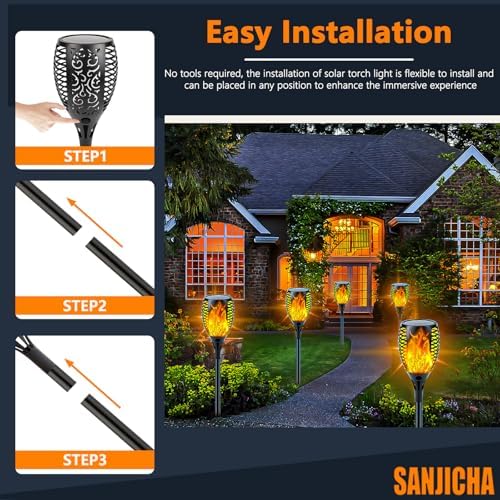 SANJICHA Solar Torch Lights with Flickering Flame Larger Size Solar Flame Lights, 2 Pack 66FT 200 LED Halloween Lights Outdoor Indoor, Orange and Purple - Image 5