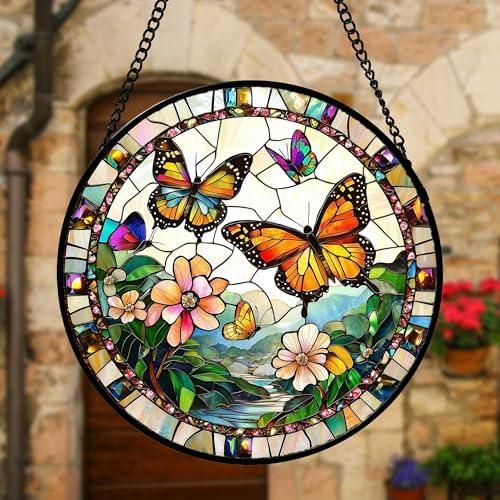 Butterflies and Flowers Stained Glass Window Hanging Suncatcher Gifts 12" - Image 2