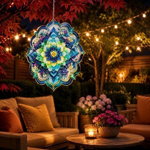 Shwing 12 Inch Wind Spinner Hanging Wind Sculptures Floral Mandala Metal Decor Double Sided Outdoor Kinetic Garden Art 3D Wind Spinner Hanging Ornament for Patio Porch Balcony Backyard Tree Decor - Image 6