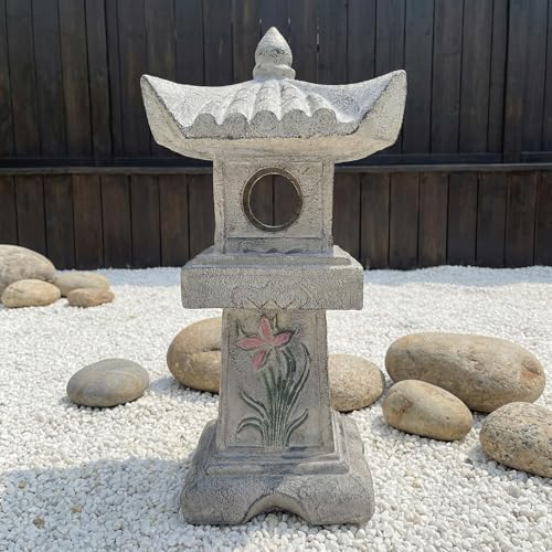 Asian Orchid Pagoda Stone Lantern Statue 23.6”H Zen Japanese Garden Decor by GRASOLAR