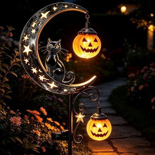 2026 News Solar Halloween Black Cat and Pumpkin Moon Garden Stake Light 4PCS, Hanging Pumpkin Lanterns Outdoor for Pathway, Yard, Patio and Lawn Decor.Powered Entirely by the Sun by Unknown