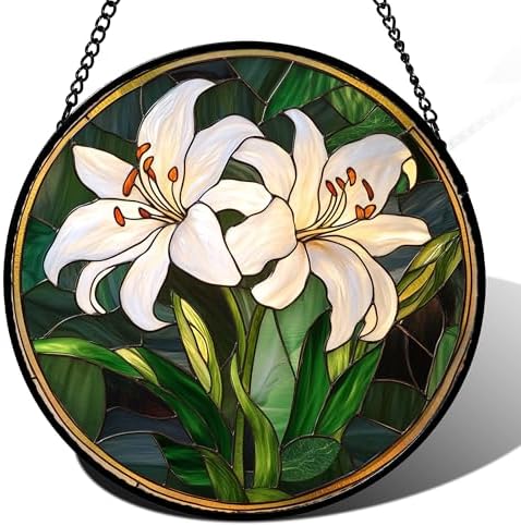 White Lily Flower Leaves Stained Glass Window Hanging Suncatcher Gifts 15" by Follow