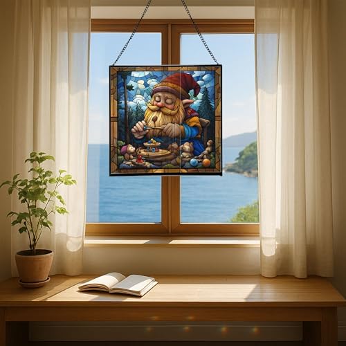 Gnome with Wooden Toys Stained Glass Suncatcher – Square Hanging Window Panel for Home, Garden, Nursery, Halloween, Christmas, Memorial Day – Whimsical Glass Art Gift for Gnome Lovers wkbozm - Image 6