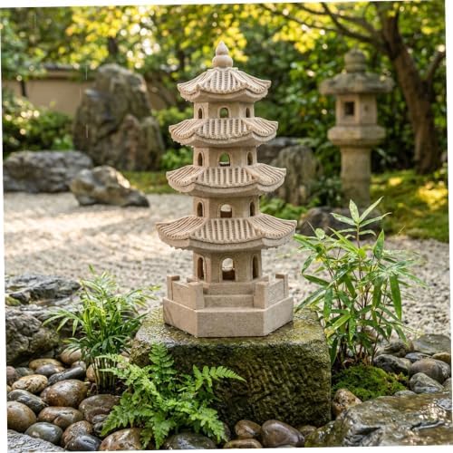 Pagoda Garden Statue Solar Powered Pagoda Lantern Resin Outdoor Zen Japanese Garden Decor for Balcony, Patio, Porch, Yard 11.4x4.7x4.7 inch Khaki - Image 6