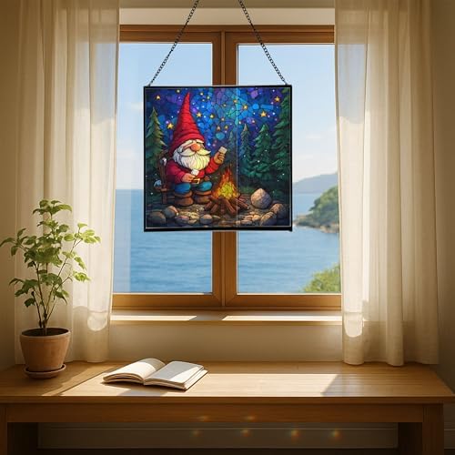Camping Gnome Delight Stained Glass Suncatcher – Square Hanging Window Panel for Home or Greenhouse – Whimsical Glass Art Gift for Garden Lovers, Christmas, Halloween, Father Days vBfqWL - Image 6