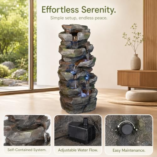Outdoor Water Fountain with White LED Lights, 23.6" Stacked Rock Cascading Water Feature, Freestanding Garden Fountain for Patio, Backyard, Balcony, Deck, Porch, Housewarming Gift - Image 7
