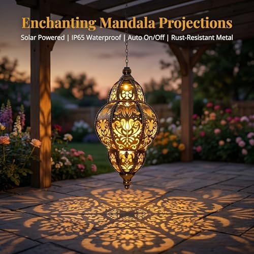 Moroccan Style Artisan Solar Lights Outdoor, Waterproof Hanging Solar Lanterns for Garden Decor, Decorative Metal Chandelier for Patio, Porch, Yard, Unique Gifts for Women & Mom (1Pc) - Image 2