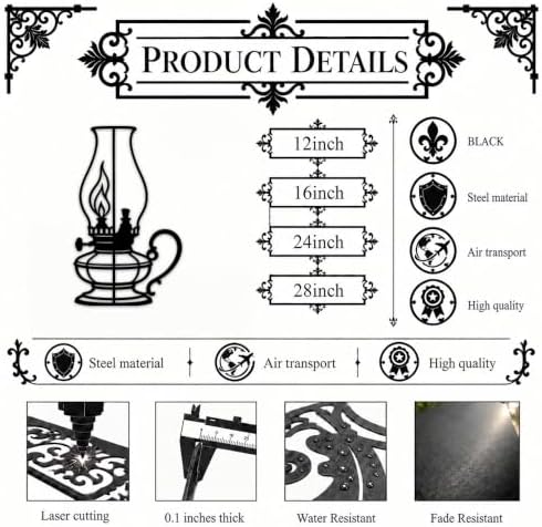 Vintage Kerosene Oil Lamp Metal Wall Art Retro Lantern Iron Wall Hanging for Farmhouse Bedroom Living Room Kitchen Indoor Home Decoration (Black,28inch) - Image 2