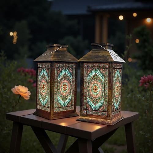 Stained Glass Style Solar Lantern Outdoor Garden Hanging Lantern Stained Glass Sunflower Soft Spring Hues Intricate Border Waterproof Solar Powered Lighting Outside Table Lamp for Patio Deck Yard - Image 6